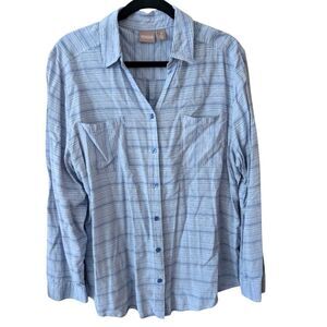 Chico's Blue Striped Button Down Roll Tab Sleeve Top Size XL
